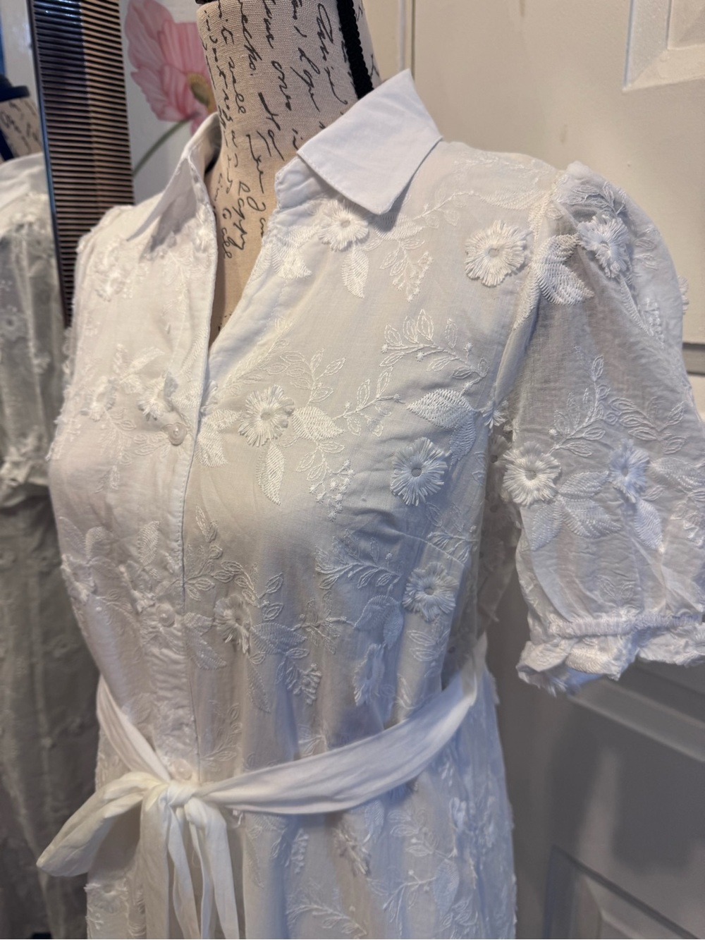 White Embroidered Button-Front Midi Dress with Tie Waist - Picture 7 of 10